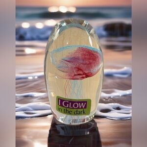 Jellyfish Paperweight Glow In Dark 3” Pink Blue Glass Figurine Barry Owens EUC